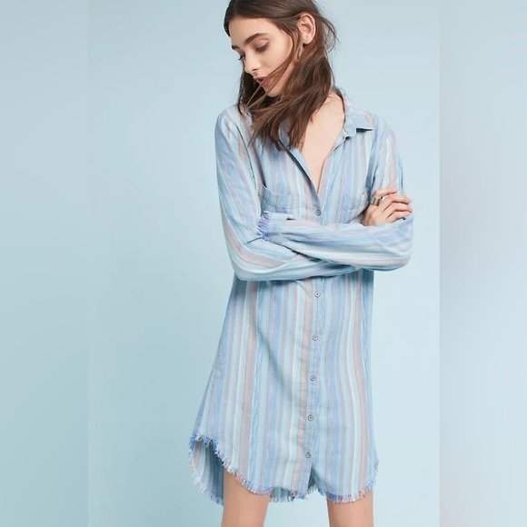 Anthropologie Dresses & Skirts - Anthropologie Cloth & Stone Striped Raw Hem Shirt Dress Medium Linen Blend